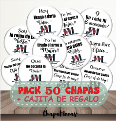 PACK 50 CHAPAS DE BODA Frases + Caja de regalo (Mod1)