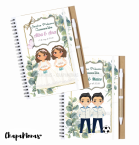 LIBRETA PARA MELLIZ@S Y GEMEL@S PRIMERA COMUNIN (Grande con boli-Dibujo personalizado)