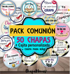 PACK COMUNIÓN 50 CHAPAS PARA ADULTOS + CAJA DE REGALO