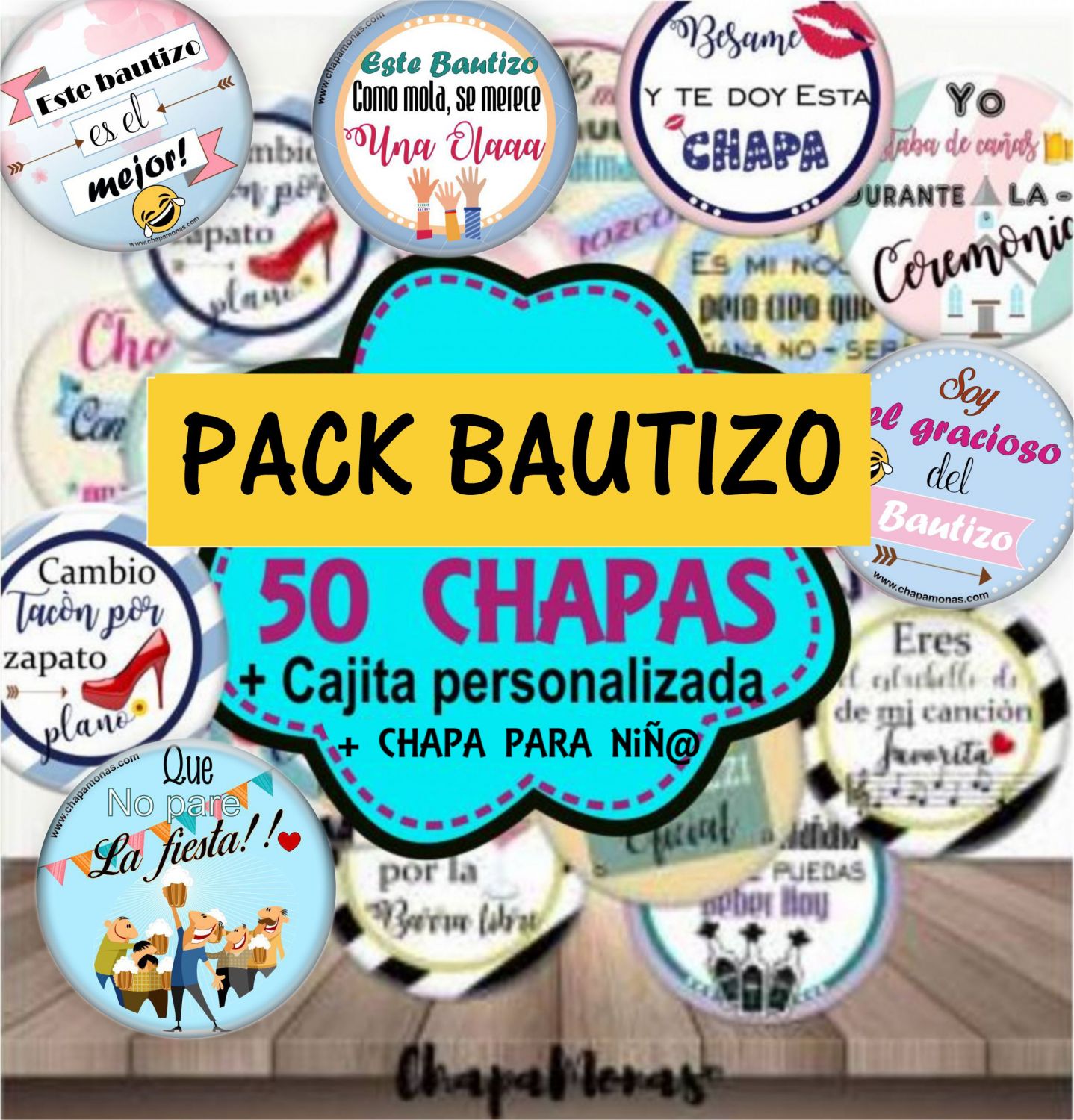 PACK BAUTIZO 50 CHAPAS PARA ADULTOS + CAJA DE REGALO 