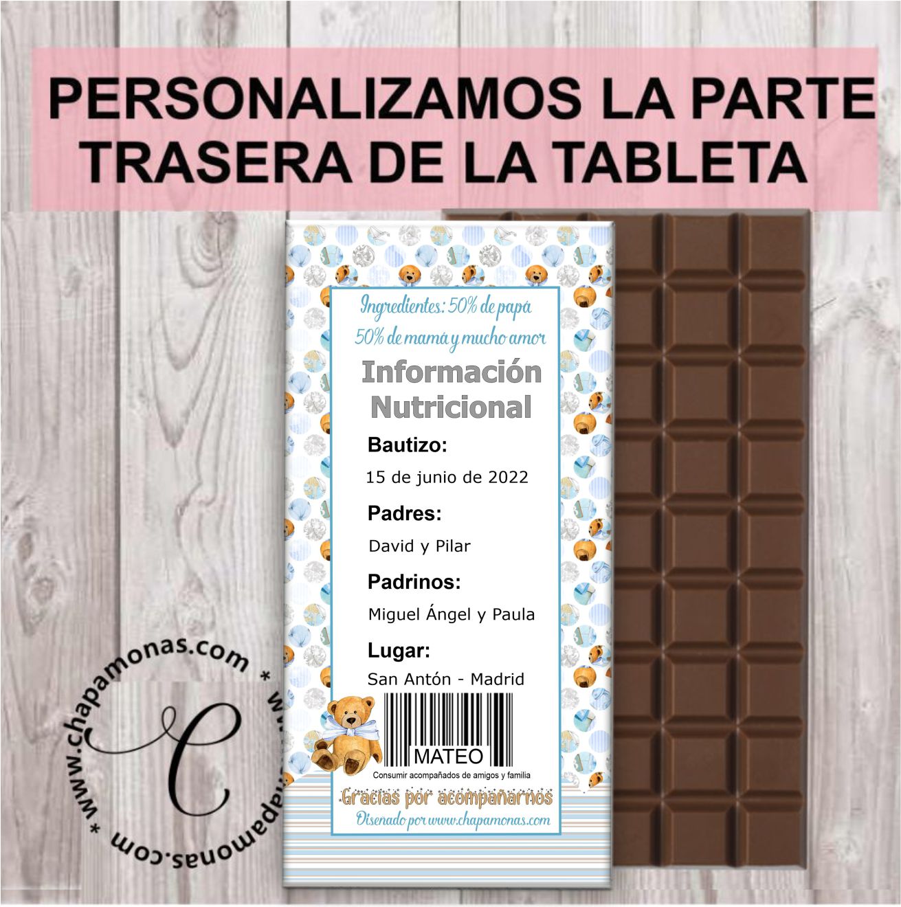 TABLETA DE CHOCOLATE PERSONALIZADA PARA BAUTIZO 