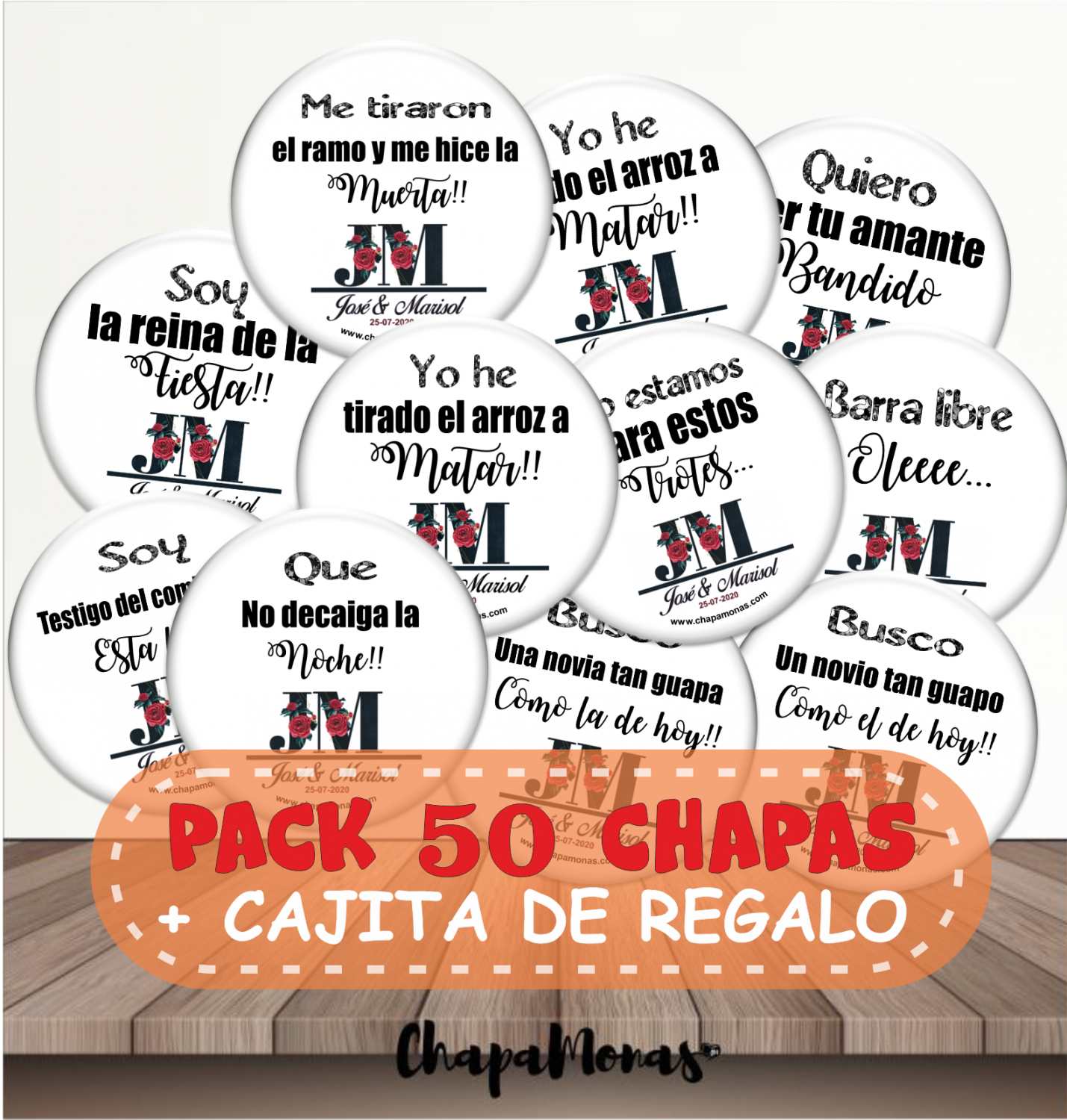 PACK 50 CHAPAS DE BODA Frases + Caja de regalo (Mod2)