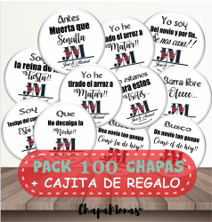 PACK PERSONALIZADO 100 CHAPAS Frases + Caja de regalo